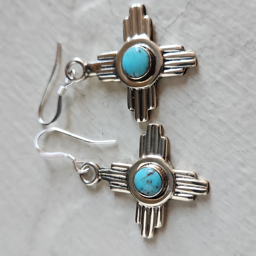 NWOT Native American Navajo Turquoise & Sterling Zia Sun Dangle Earrings 🩵🌞🩶 - Picture 6 of 11